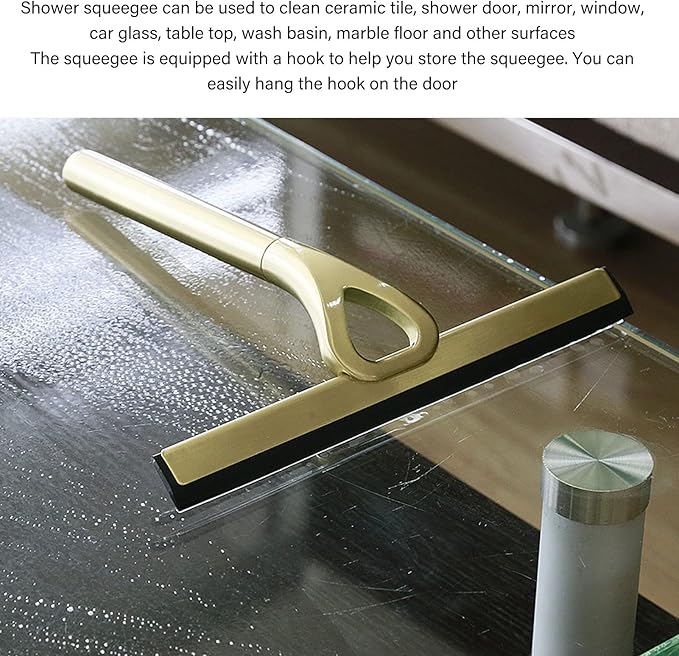 Shower Squeegee for Glass Doors with Adhesive Hook Gold Window Squeegee Rubber Scraper for Bathroom Window Mirror Car Glass Tile Wall