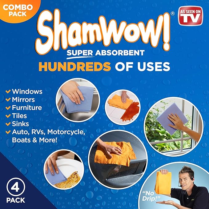 ShamWow Original Super Absorbent Multi-Purpose Cleaning Shammy Chamois Towel Cloth - Holds 10X its Weight in Liquid - Machine Washable - Will Not Scratch (4 Pack: 2 Large Orange &amp 2 Small Blue).