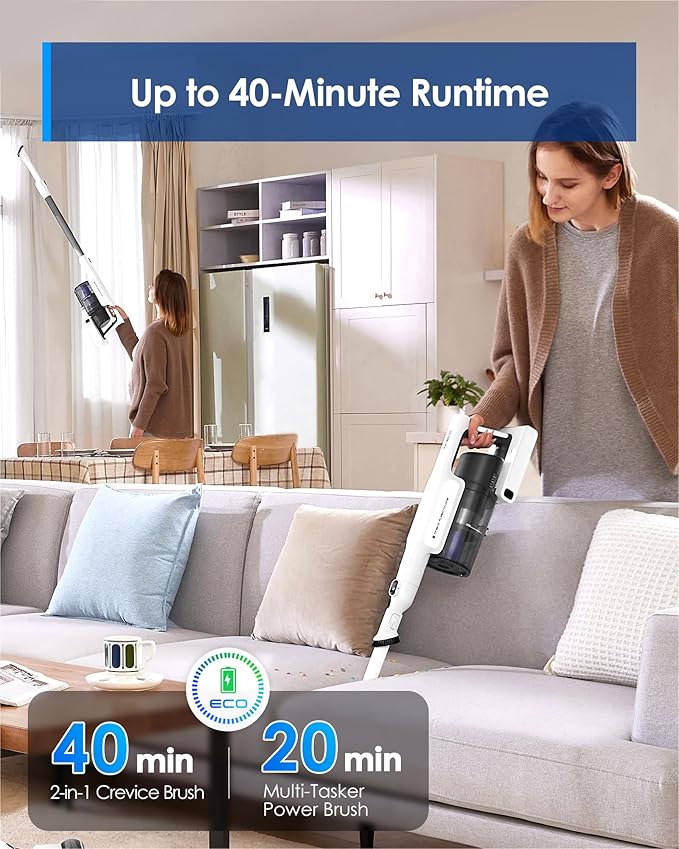 Tineco A20 Cordless Stick Vacuum Cleaner Powerful Suction 3 Modes for Multi-Level Messes 1L Larger Dustbin Ergonomic Dual-Handle Design Wall-Mount Dock LED Headlight