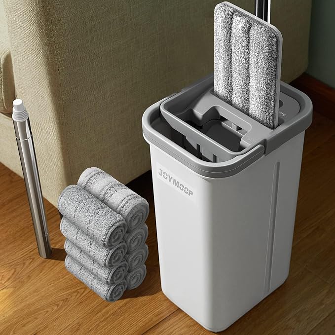 JOYMOOP Mop and Bucket with Wringer Set Hands Free Flat Floor Mop and Bucket with 8 Washable Microfiber Pads Wet and Dry Use Floor Cleaning System