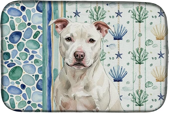 Caroline's Treasures White Staffordshire Bull Terrier Coastal Sea Glass Dish Drying Mat Absorbent Dish Drying Mat Pad for Kitchen Counter Dish Drainer Mat for Countertop 14 x 21 Multicolor