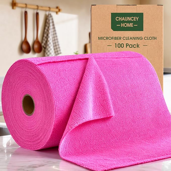 Microfiber Cleaning Cloth Roll - 100 Pack Tear Away Microfiber Paper Towels Reusable Washable Scratch-Free Kitchen Towels for Car Home Kitchen Glass Dishes (Hot Pink)