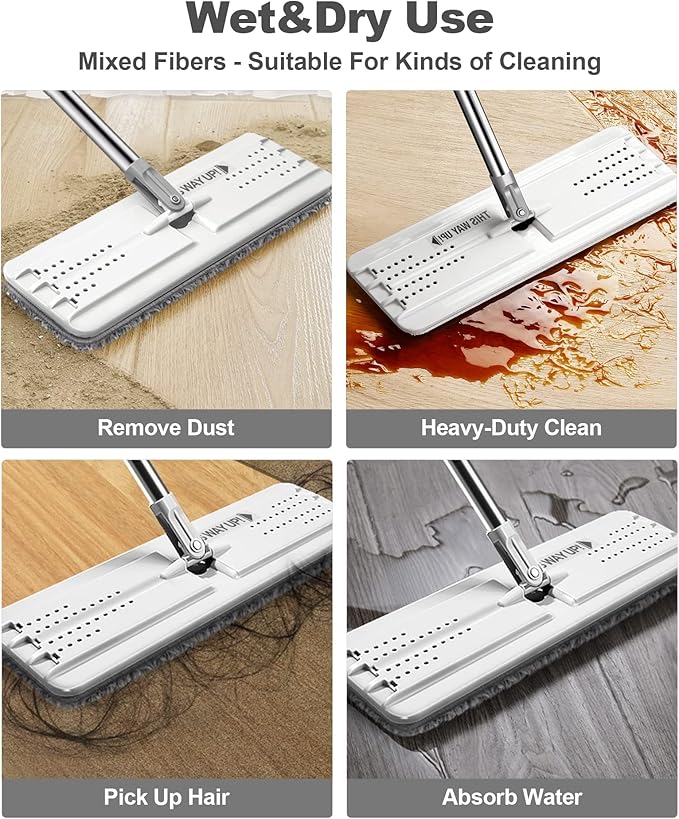 JOYMOOP White Flat Mop &amp Bucket with 1 Microfiber Pad 12 Disposable Toilet Brushes Stainless Steel Toilet Brush and Holder Set Multi-Functional Cleaner for Floors Windows and Toilets