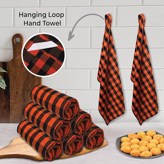 Urban Villa Halloween Kitchen Towels Set of 6 Dish Towels Size 20''x30'' Buffalo Checks Orange/Black 100% Cotton Highly Absorbent Quick Drying Dish Cloths &amp Dish Towels with Hanging Loop Tea Towel
