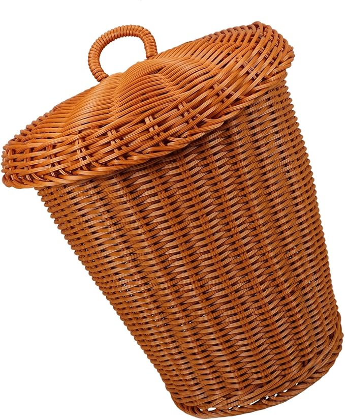 Imitation Rattan Woven Trash Can with Lid Lightweight Rustic Storage Basket for Living Room Bedroom Office and Portable Wastebasket for Sundries Organization