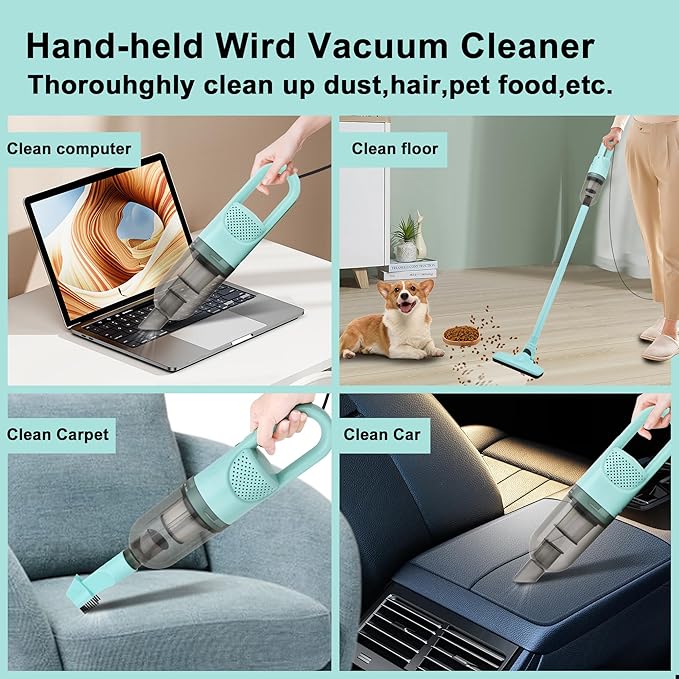6-in-1 Lightweight Stick Vacuum Cleaner with 350W Powerful Motor Mini Portable Household Handheld Vacuum Cleaner for Domestic Hard Floors Carpets and Pet Hair(Light Green Corded)