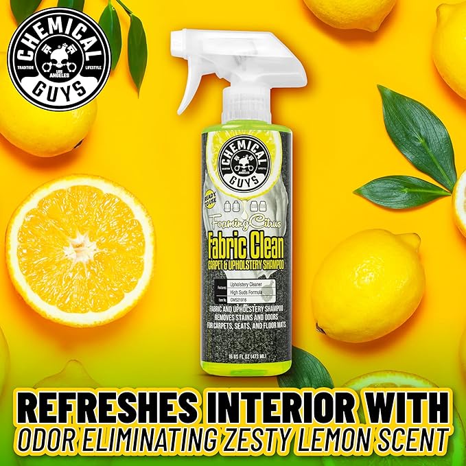 Chemical Guys Sprayable Citrus Fabric Clean Carpet &amp Upholstery Cleaner (Car Carpets Seats &amp Floor Mats) 16 fl oz Citrus Scent + Induro 7 Heavy Duty Nifty Interior Brush - HOL463