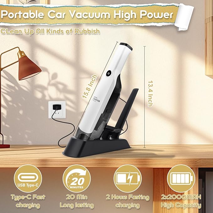 Handheld Vacuum CordlessDust Busters Cordless with Storage Dock15KPA High Power Portable Vacuum VordlessUSB Quick ChargeMini Vacuum with Multi-Nozzles &amp Washable FilterWhite