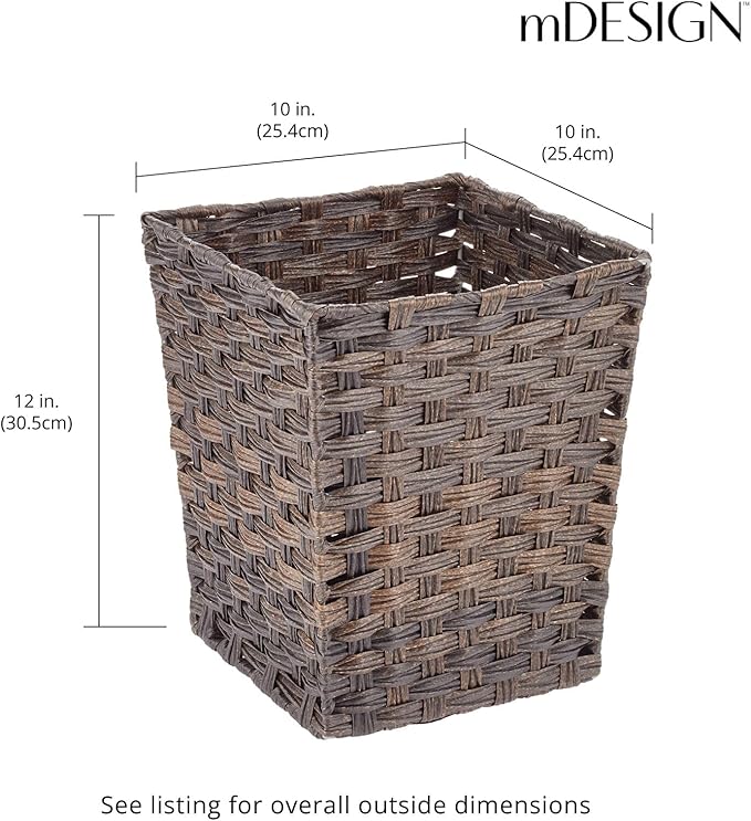 mDesign Small Woven Basket Trash Can Wastebasket - Square Garbage Container Bin for Bathrooms Kitchens Home Offices Craft Laundry Utility Rooms Garages - Espresso Brown