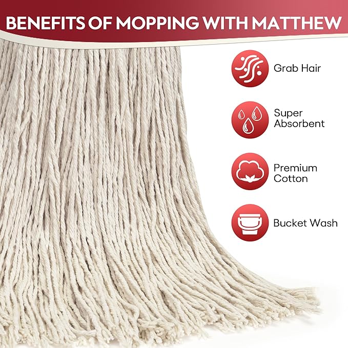 Matthew Cleaning 16oz 6Pack Cotton Floor MopCotton Looped-Open String Heavy Duty String Refills Universal Headband Blend Mop Head Replacement for Home Industrial and Commercial Use(White)