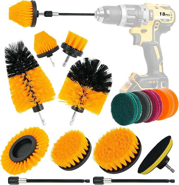 18PCS Drill Brush Attachments Set Power Cleaning Scrub Brushes with Scrub Pads Sponge Extend Long Attachment Cleaning Brush Supplies for Bathroom Bathtub Grout Tile Sinks Corners Car Wheel