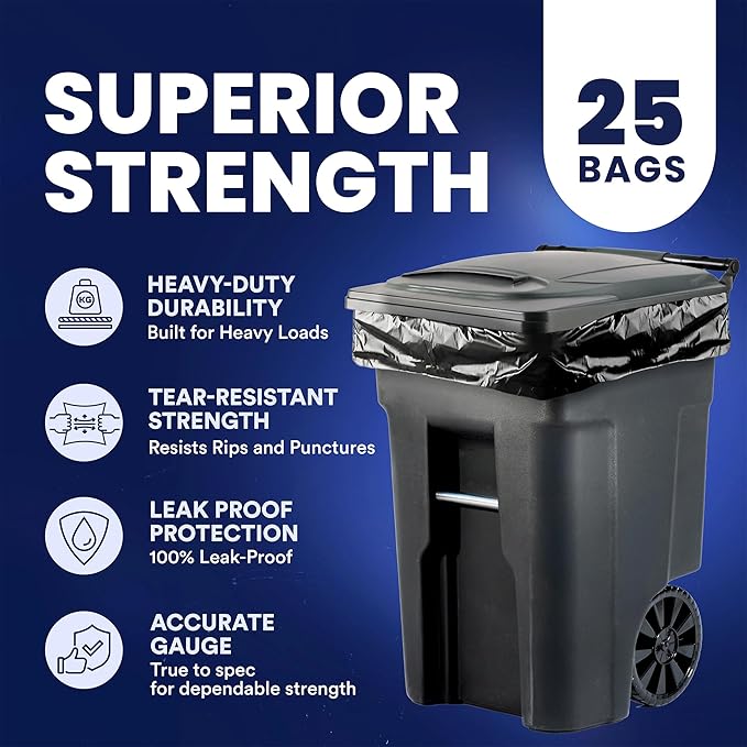 Plasticplace 64-65 Gallon Black Trash Bags Heavy Duty Toter Can Liners Tear &amp Leak-Proof Industrial Strength 25 Count Large Garbage Bags for Kitchen &amp Commercial Use 1.2 Mil 50 x 60