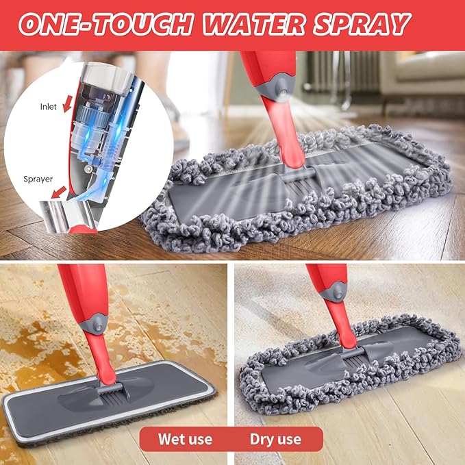 HOMTOYOU Spray Mops with 9 Reusable Pads: Wet Mop for Hardwood Tile Wood Laminate Vinyl - Absorbs Pet Hair Dust