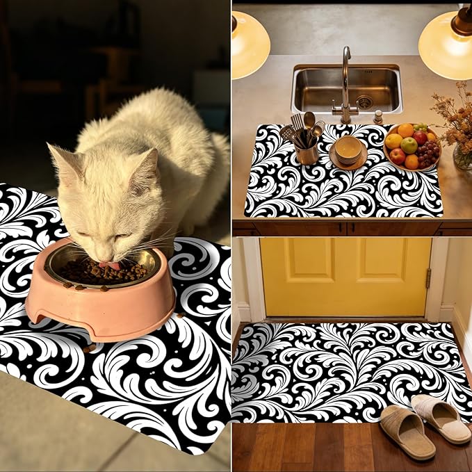 Nuxovilar Coffee Bar Mat Black White Floral Scroll Pattern Dish Drying Pad Natural Rubber Canvas 16.92 x 31.1 inchs Coffee Accessories Counter Surface Beverage Corner Home Cafe