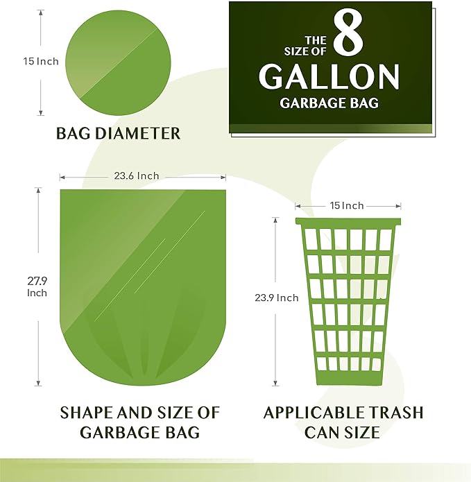 Compostable Trash Bags - FORID 8 Gallon Garbage Bags 150 Count Trash Can Liners 30 Liter Unscented Medium Wastebasket Bags for Kitchen Bathroom Home Office Garbage Can (5Rolls/Green) - Durable &amp T