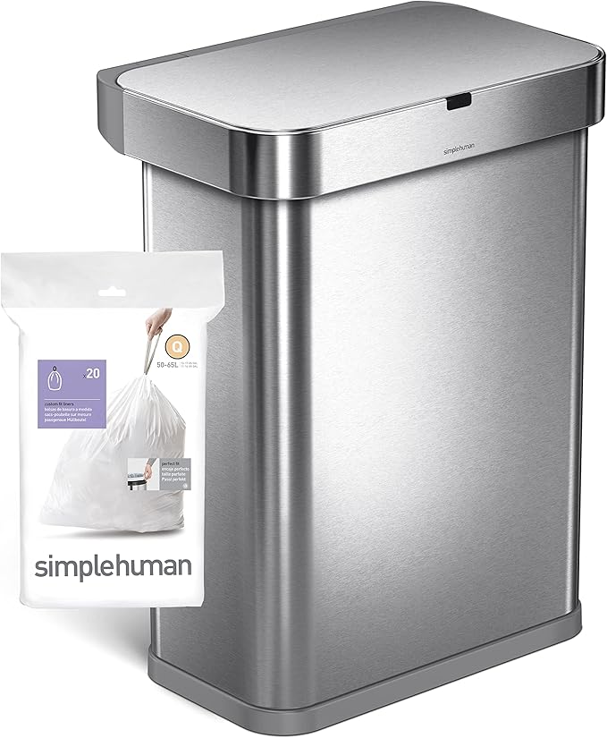 simplehuman Code Q 60 Count Dispenser Pack Custom Fit Liners Drawstring Trash Bags 50-65 Liter / 13.2-17.2 Gallon White