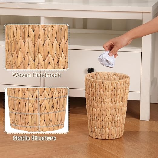 2 Pack Wicker Trash Can Small Bathroom Trash Can 2 Gallon Woven Natural Water Hyacinth Waste Basket for Bedroom Boho Garbage Can for Decor Home Kitchen Living Room Office (Round)