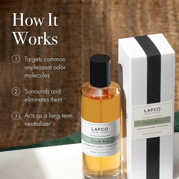 LAFCO New York Odor Removing Room Mist Feu de Bois - 4 oz - Eliminates Unpleasant Scents &amp Provides Luxurious Fragrance - Up to 750 Pump Sprays Per Bottle - Made in the USA