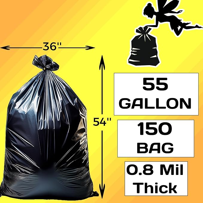 150 Count | 55 Gallon Trash Bags | 150- Pack | Heavy Duty Trash Bags | Heavy Duty Garbage Bags | Black Garbage Bags | Large | 20 Micron
