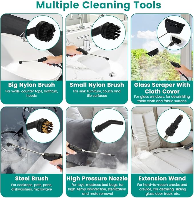 2500W Handheld Steam Cleaner Portable Little Steamer Multifunctional High Temp Steam Clean Machine Powerful Cleaning Tool for Car Furniture Floor Tile Microwave Mattress Bed