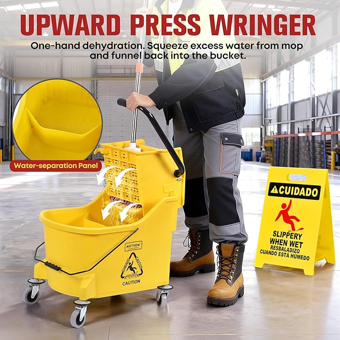 Matthew Cleaning 44Quart Commercial Mop Bucket INCL.Wet String Mop&amp 19'' Industrial Wet Floor Sign with Side Press Wringer On WheelsTandem Portable Floor Cleaning WavebrakeIdeal for Household
