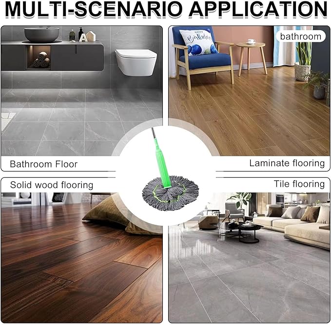 Spin Mop with Self-Wringing System 360° Swivel Stainless Steel Handle &amp Ultra-Absorbent Bamboo Fiber Mop Head No Wash Lazy Mops Wet and Dry - Lightweight &amp Compact (2 mops)