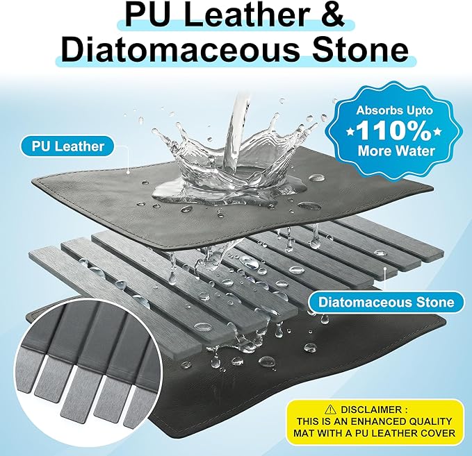 Large PU Leather Surface Quick Drying Dish Drying Mat with Diatomaceous Earth Stone For Kitchen Counter 25x16 – Foldable and Absorbent Kitchen Counter Mat Includes Silicone Faucet Mat Gray