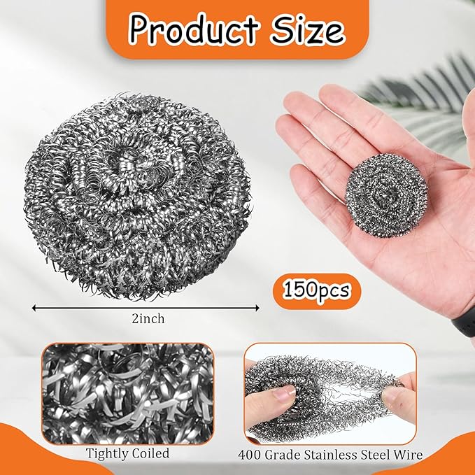 150 Pieces Stainless Steel Scourers Bulk Steel Wool Scrubbers Small 10 gram Metal Sponges Wire Scouring Pad for Stoves Pots Pans Oven Cooker Hoods for Kitchen Bathrooms(Separately Packaged)