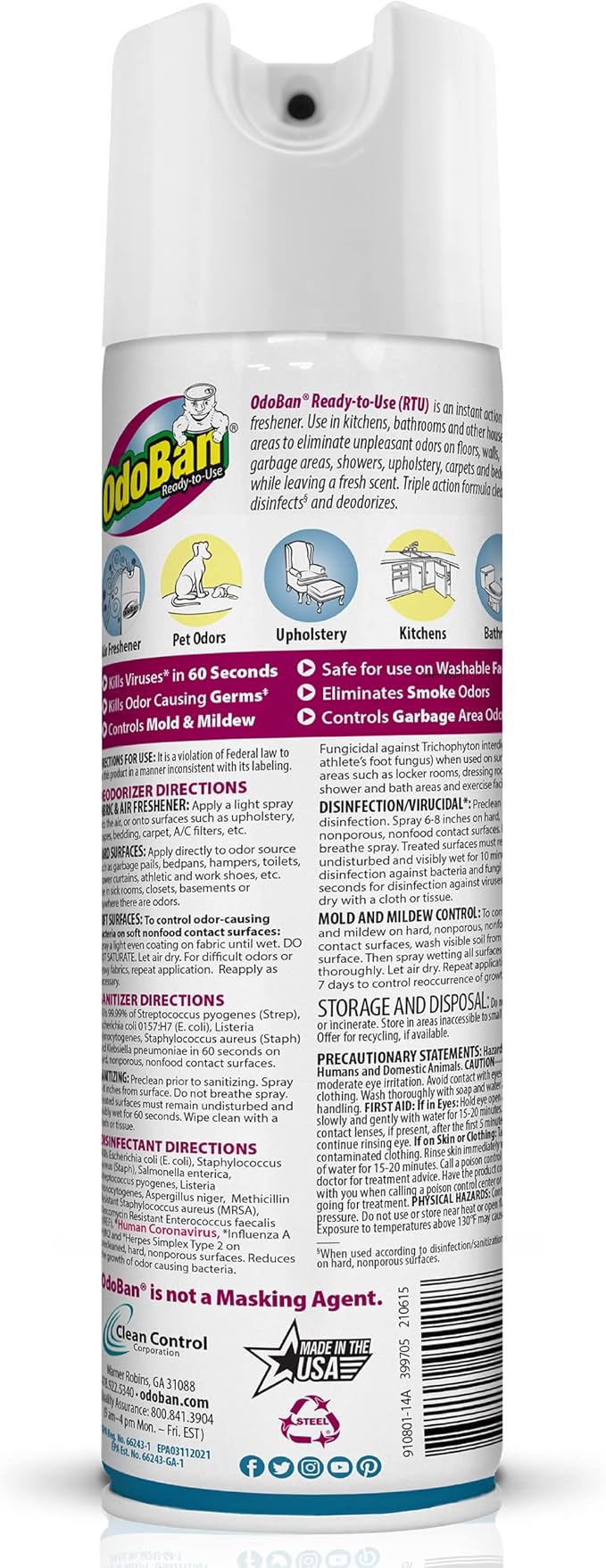 OdoBan Ready-to-Use 360-Degree Continuous Spray Disinfectant &amp Harsh Aroma Eliminator Fabric &amp Air Freshener Made in the USA Cotton Breeze Scent 14.6 Ounces 6 Pack