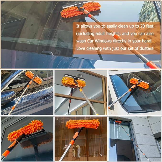 20+ Feet High Reach Dusting Kit with 3-14 ft Extension Pole //2 in 1 Window Cleaning Kit // High Ceiling Duster // Cobweb Microfiber Duster // Outdoor &amp Indoor Extendable Duster Cleaning Kit
