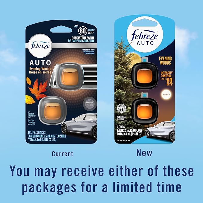 Febreze AUTO Air Freshener Odor-Fighting Automotive Vent Clip Evening Woods Scent 8 Count