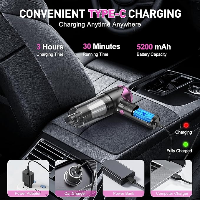 KMM Handheld Car Vacuum Cleaner 10000PA Vacuum Cleaner &amp Air Duster 120W High Power Vacuum Portable Cordless Hand Held Vacuum Rechargeable with Multi-Nozzles &amp LED Light for Home Car Offi