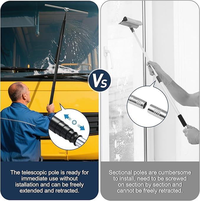 12-51’’ Telescopic Window Squeegee for High Windows 2-in-1 Window Cleaning Kit with Extra Silicone Blade &amp Hook Professional Squeegee for Shower Glass Doors (Window Squeegee Set)