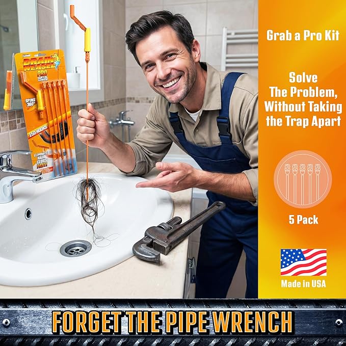 FlexiSnake Pro Drain Weasel Sink Snake Cleaner with New Molded Tip - 18″ - Drain Snake Clog Remover Tool with Rotating Handle &amp 5 Wand Refills - Easy to Use on Drains &amp Grates - Made in USA -