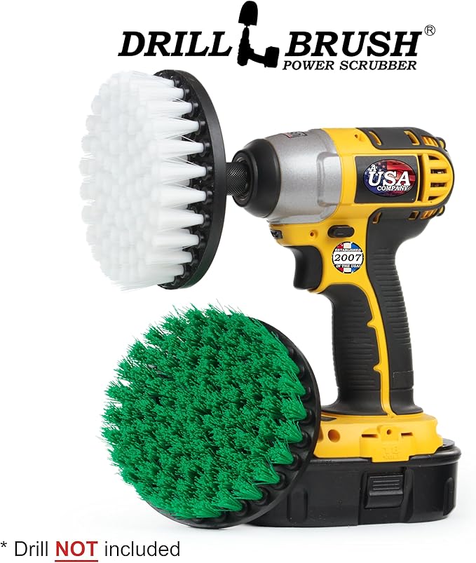 Household Cleaners - Drill Brush Soft White and Medium Green Combo Kit - Cleaning Supplies - Glass Cleaner - Scrub Brush - Leather Shower Doors Carpet Fabric and Vinyl Seats - Kitchen Sink