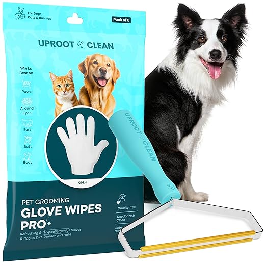 Uproot Cleaner Pro Pet Hair Remover + Clean Glove Wipes Pro (6 Pack) Set: The Ultimate Pet Hair Removal Tool for Non-Knit Surfaces &amp Extra-Thick Dog &amp Cat Wipes for Paws Eyes Ears Butt &amp