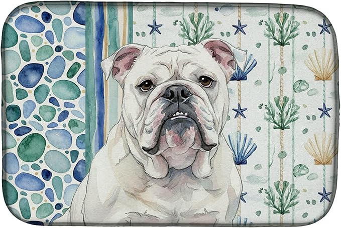 Caroline's Treasures White English Bulldog Coastal Sea Glass Dish Drying Mat Absorbent Dish Drying Mat Pad for Kitchen Counter Dish Drainer Mat for Countertop 14 x 21 Multicolor