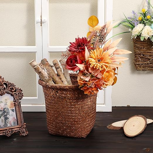 Cabilock Straw Woven Wastebasket 10.43 Inch Round Open Top Wicker Trash can Storage Bin for Bathroom Office Home Organization