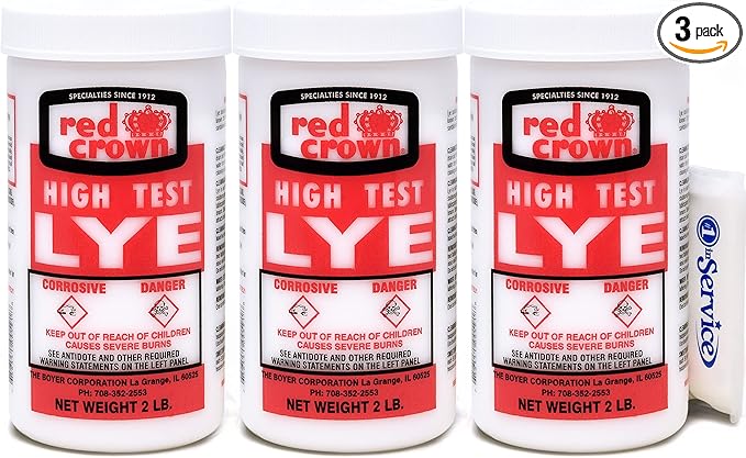 The Boyer Corporation Lye for Soap Making Sodium Hydroxide Pure High Test Lye Caustic Soda Drain Cleaner and Clog Remover 3 Pack with Tissue Pack