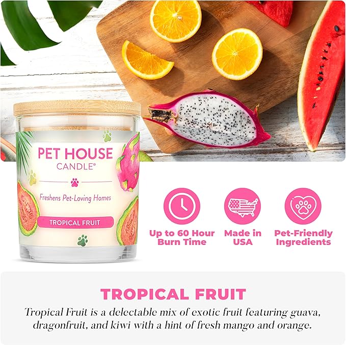 Pet House Candles Clean Burning Long Lasting Pet Odor Candles Plant-Based 60 Hour Burn Time - Tropical Fruit 9 oz 2 Pack