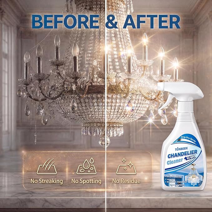 Crystall Chandelier Cleaner Drip Dry Spray - No Wipe Streak Free Dust Remover for Crystals Glass &amp Window Screens1PK