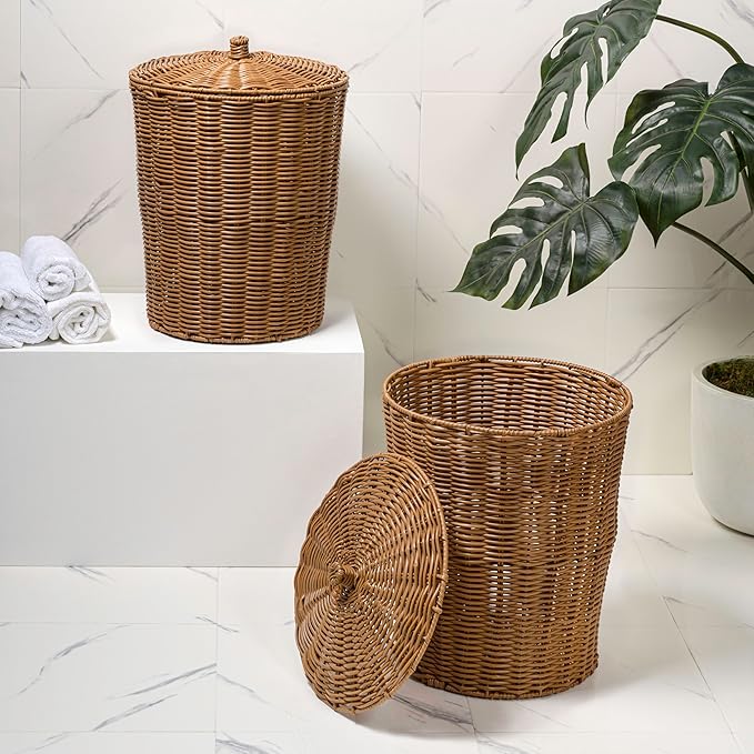 happimess HPM1406B-SET2 Ollie Coastal Contemporary Resin 4.7-Gallon Tapered Round Wicker Watebasket with Lid Brown (Set of 2)