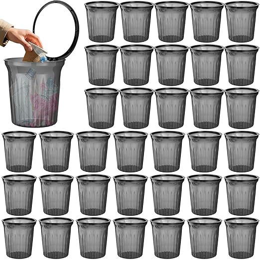 36 Pack Small Round Trash Cans Bulk 2.4 Gallon Translucent Black Wastebaskets with Bag Concealer Ring Upgraded Thick Cylinder Garbage Bin for Office Under Desk Dorm and Bathroom