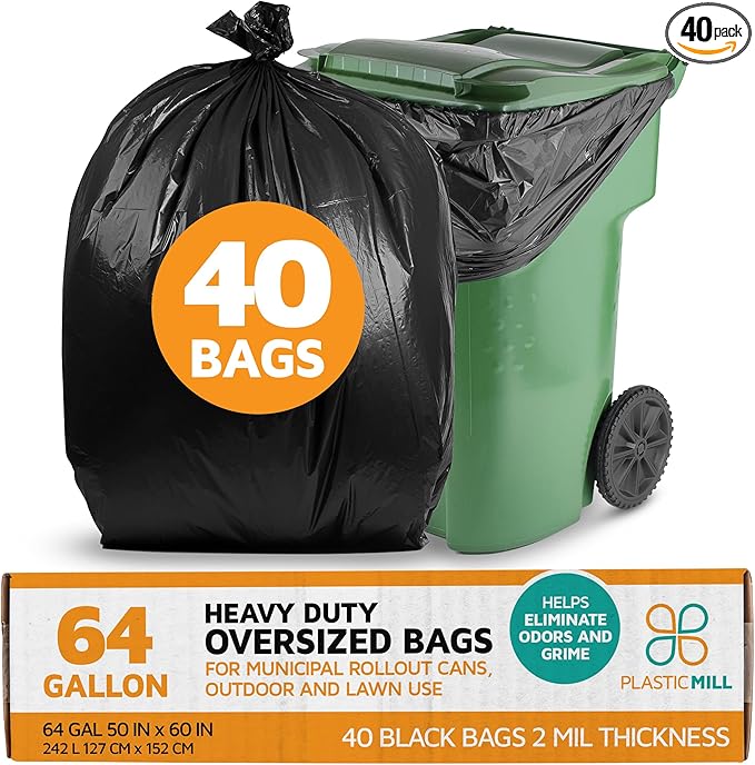 PlasticMill Heavy Duty Trash Bags - Black Garbage Bags - Plastic Trash Bags - Tall Trash Bags Trash Can Liners - 64-Gallon Large Kitchen Trash Bags 2 Mil 50x60 (40-Count)