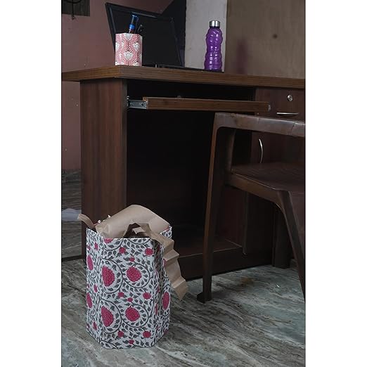Floral Hand Block Printed 3.3 Gallon Decorative Waste Basket – Eco-Friendly Cardboard Trash Can Plastic-Free &amp Sustainable Perfect for Christmas and Housewarming Gifts (1 Pink GEDHA FLOWAR)