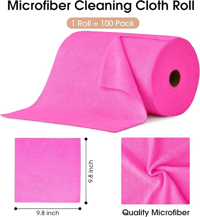 KitchLife Microfiber Cleaning Cloth Roll 100 Pack - Tear-Away Microfiber Paper Towels Lint-Free Reusable Washable for Kitchen Car Dishes and Sensitive Surfaces (Hot Pink)