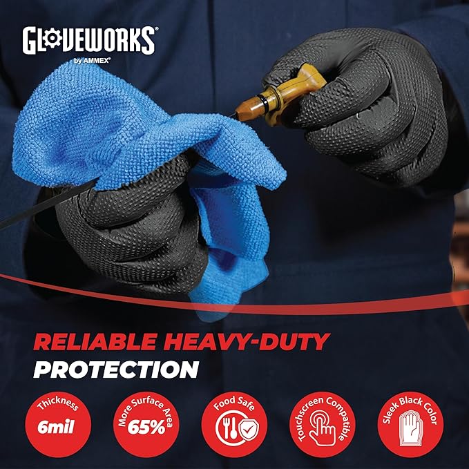 GLOVEWORKS Green Nitrile Gloves 8 Mil Disposable Heavy Duty Raised Diamond Texture Latex Free Industrial Mechanic Glove