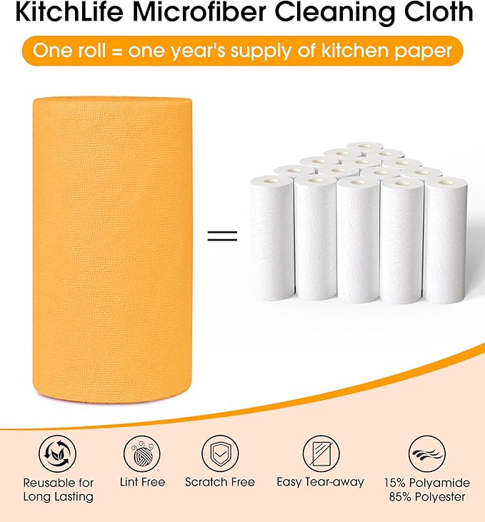 KitchLife Microfiber Cleaning Cloth Roll 100 Pack - Tear-Away Microfiber Paper Towels Lint-Free Reusable Washable for Kitchen Car Dishes and Sensitive Surfaces (Tangerine Yellow)