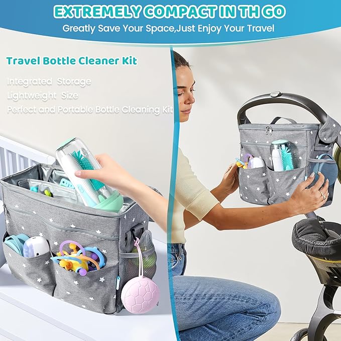 IvyWind Electric Travel Baby Bottle Brush Set with Storage Box Automatic Bottle Cleaner Brush Kit with Silicone Bottle/Nipple/Straw Brush Milk Frother Electric and Drainage Rack Rechargeable Green