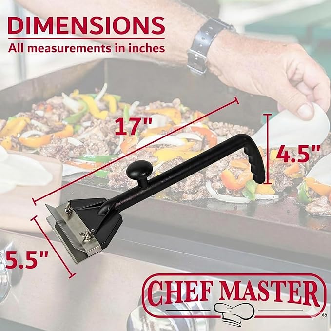Chef Master Griddle Scraper Cleaning Kit Combo - Flat Top Grill Cleaner w/Replacement Blade &amp Scrubber - Griddle Cleaning Kit - Long Handle Stainless Steel Flat Grill Scraper - 90254